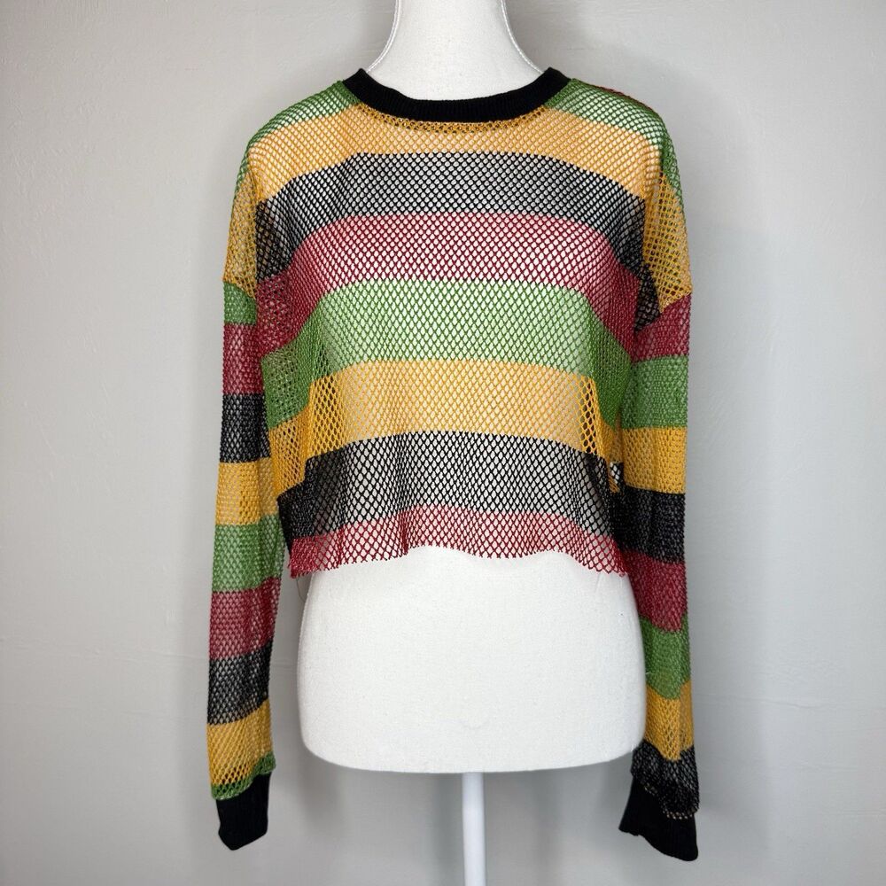 Objex Women’s M Rasta Stripe Mesh Crop Sweater Sheer Open Knit Made in USA Rave